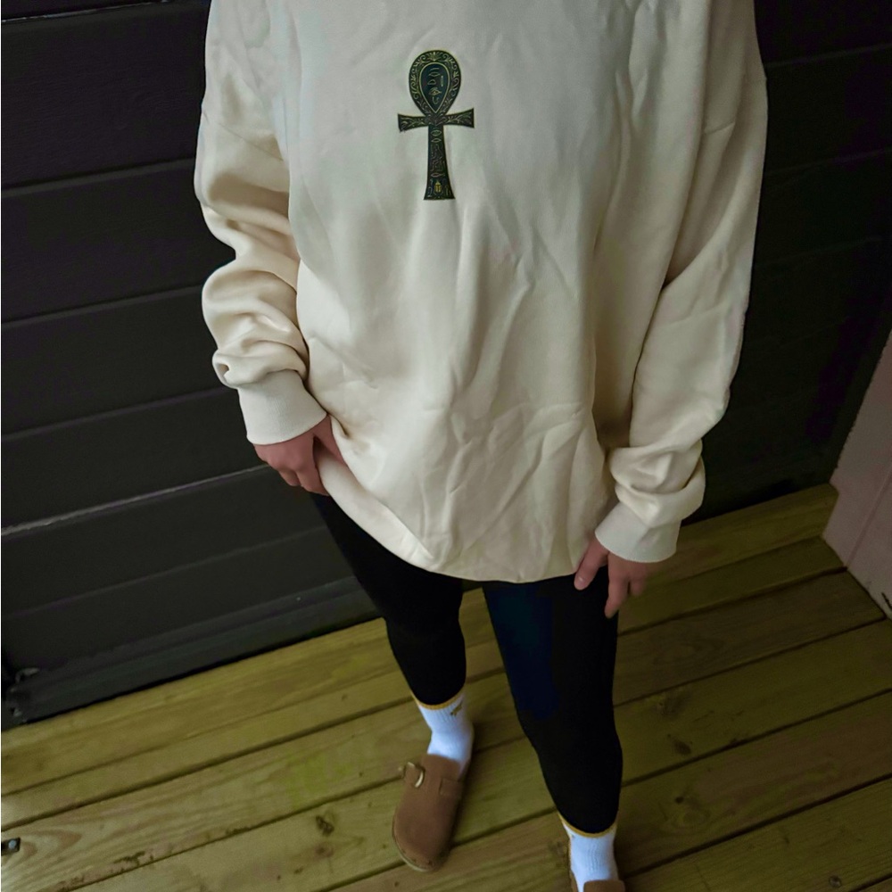 Men's Cream Crewneck Sweater with Ankh Design